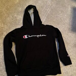black Champion hoodie with white logo